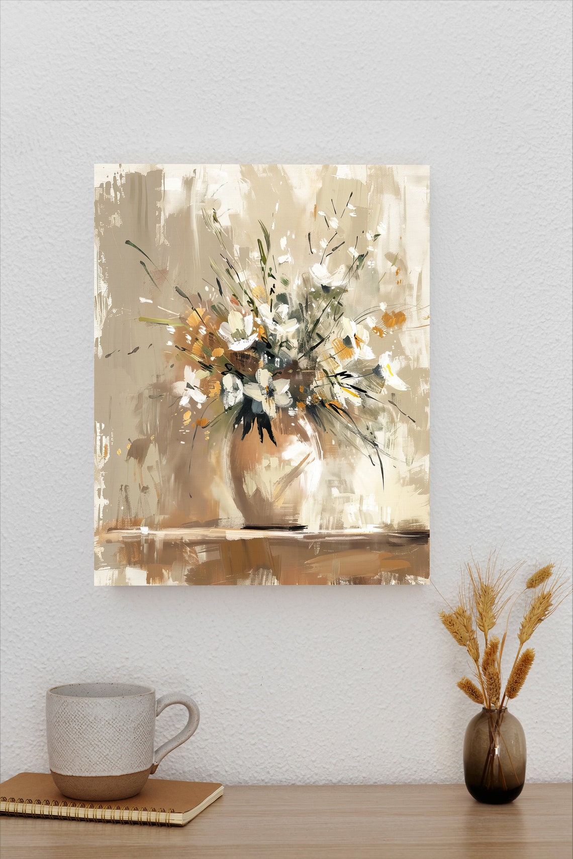 Loose White Wildflower Bouquet Poster in Ceramic Vase Neutral Tones - Image 2