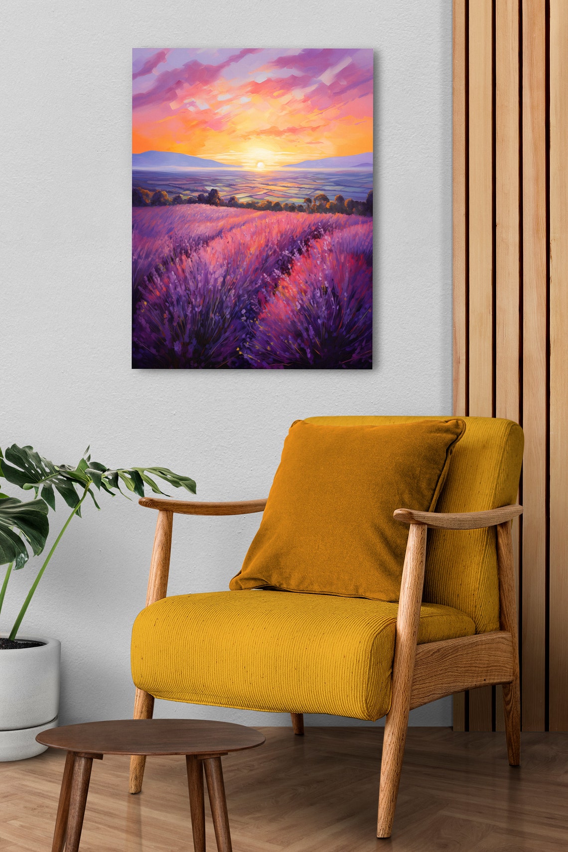 Lavender Field Rows at Vivid Pink and Orange Sunset Skies Poster - Image 3