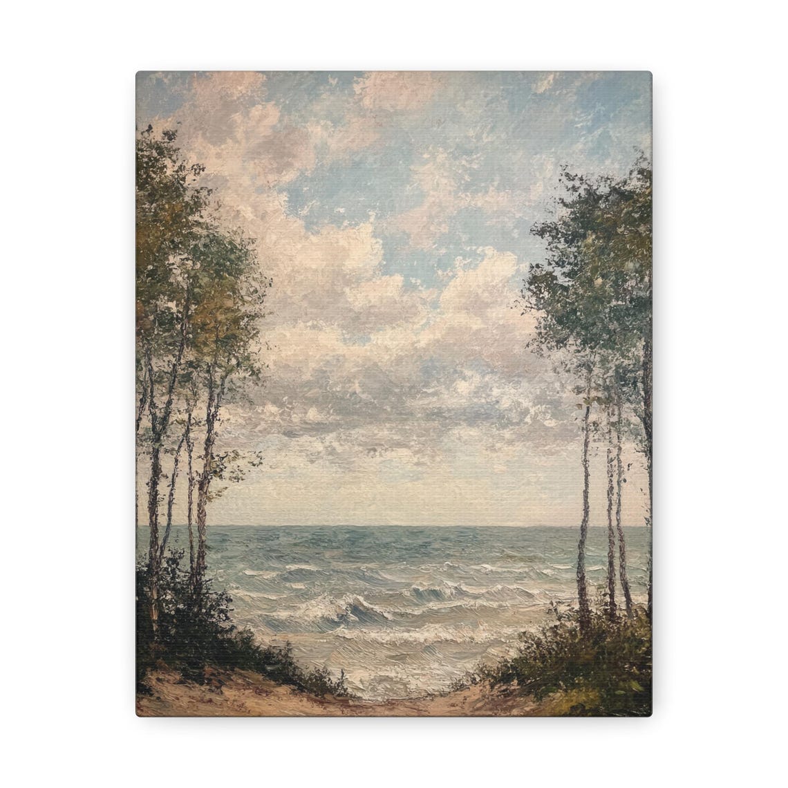 Muted Vintage Seascape Poster with Ocean Waves Framed by Tall Trees - Image 3