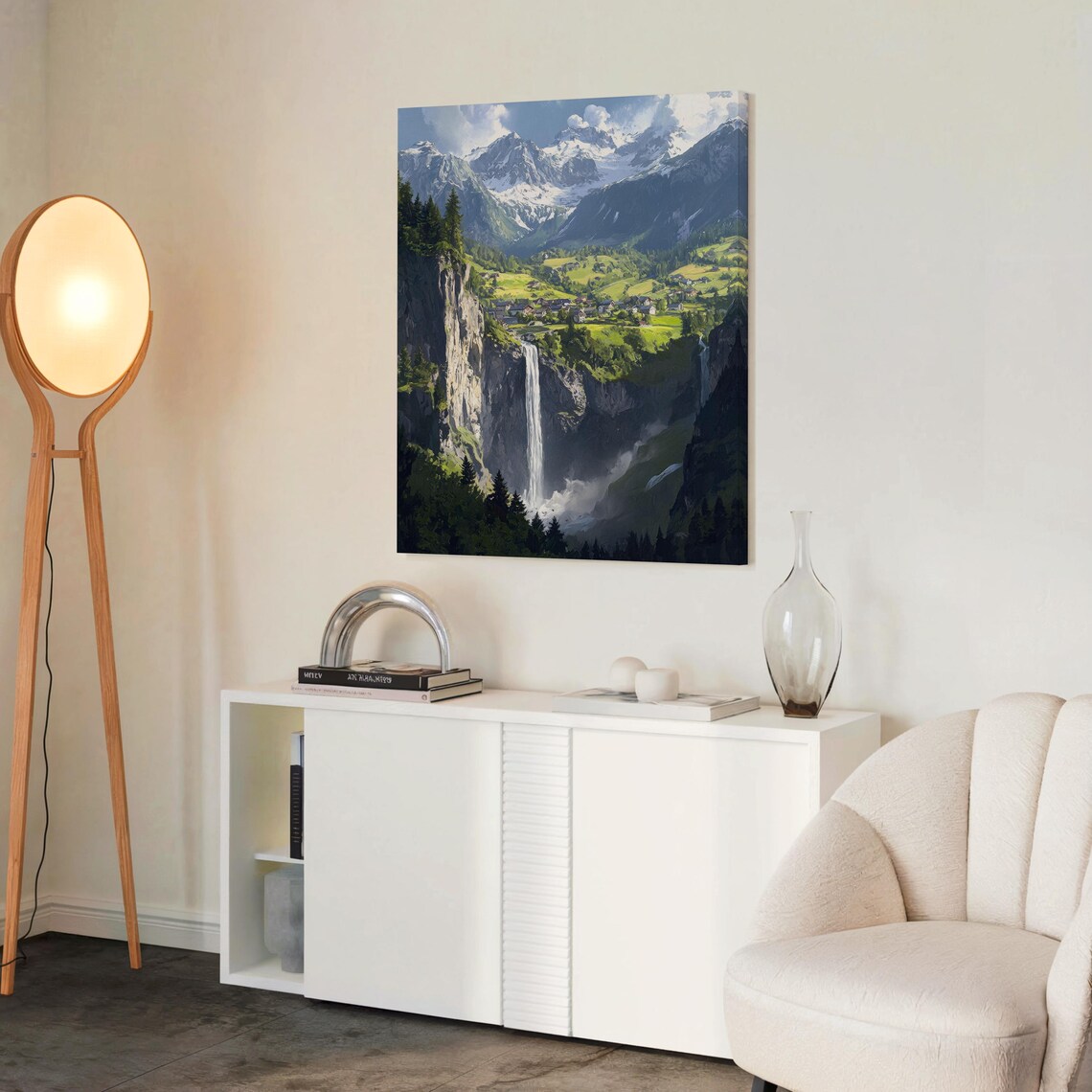 Alpine Waterfall and Village Valley Beneath Snow-Capped Peaks Poster - Image 2
