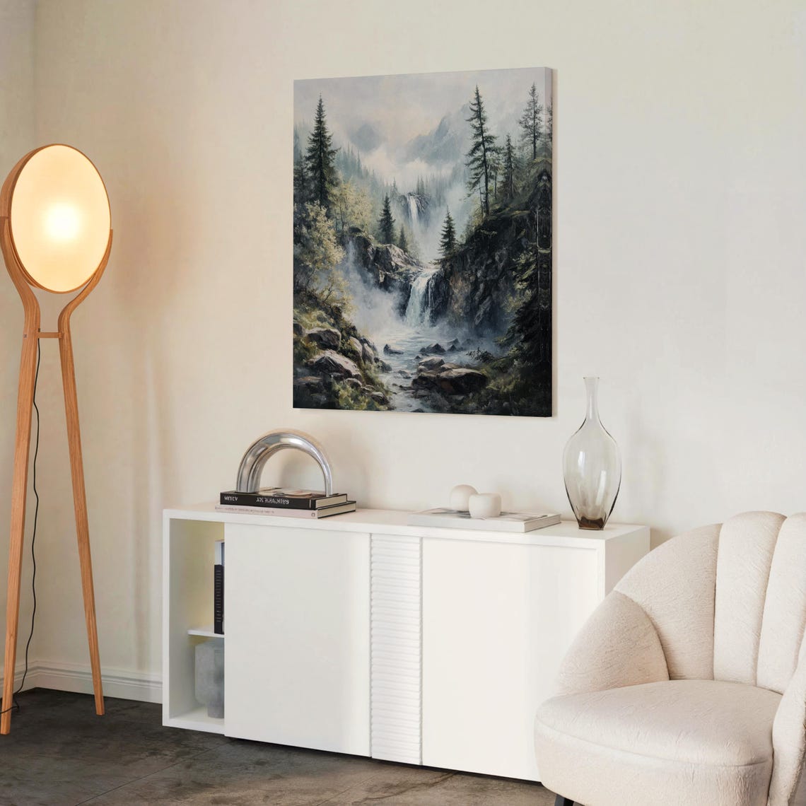 Waterfall Print Mountain Waterfall Painting Nature Wall Art Rustic Farmhouse Decor River Scene Artwork Landscape Oil Painting - Image 2