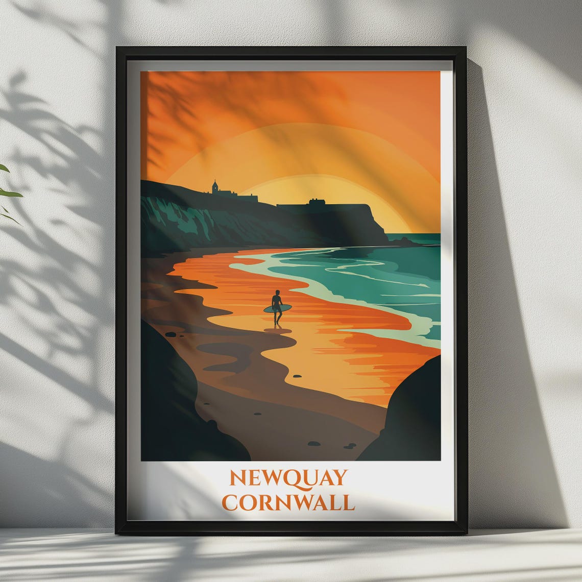 Newquay Cornwall Vintage Surf Poster Sunset Beach Golden Sky Art