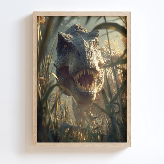 Realistic Tyrannosaurus Rex Charging Tall Grass Dramatic Art Poster