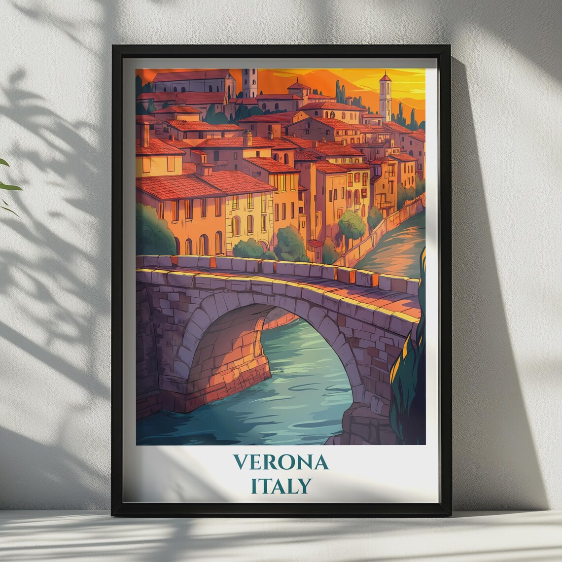 Verona Italy Travel Poster Stone Bridge Sunset Old Town Art Charm