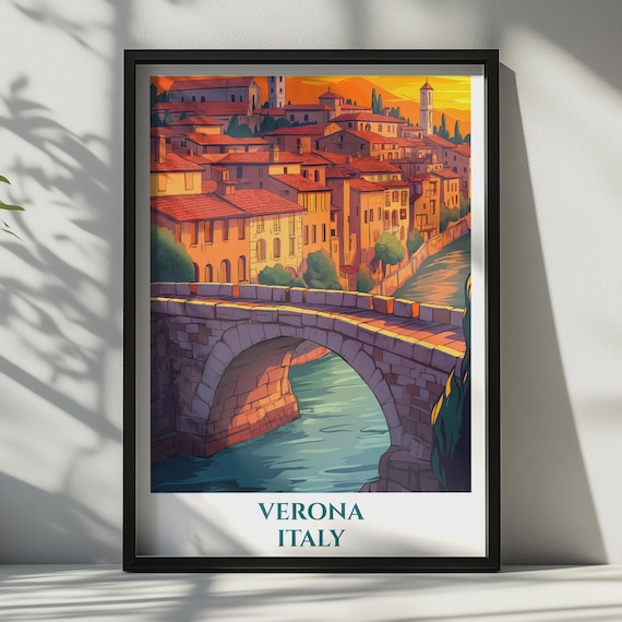 Verona Italy Travel Poster Italian City Wall Art Stone Bridge Print Retro Europe Decor