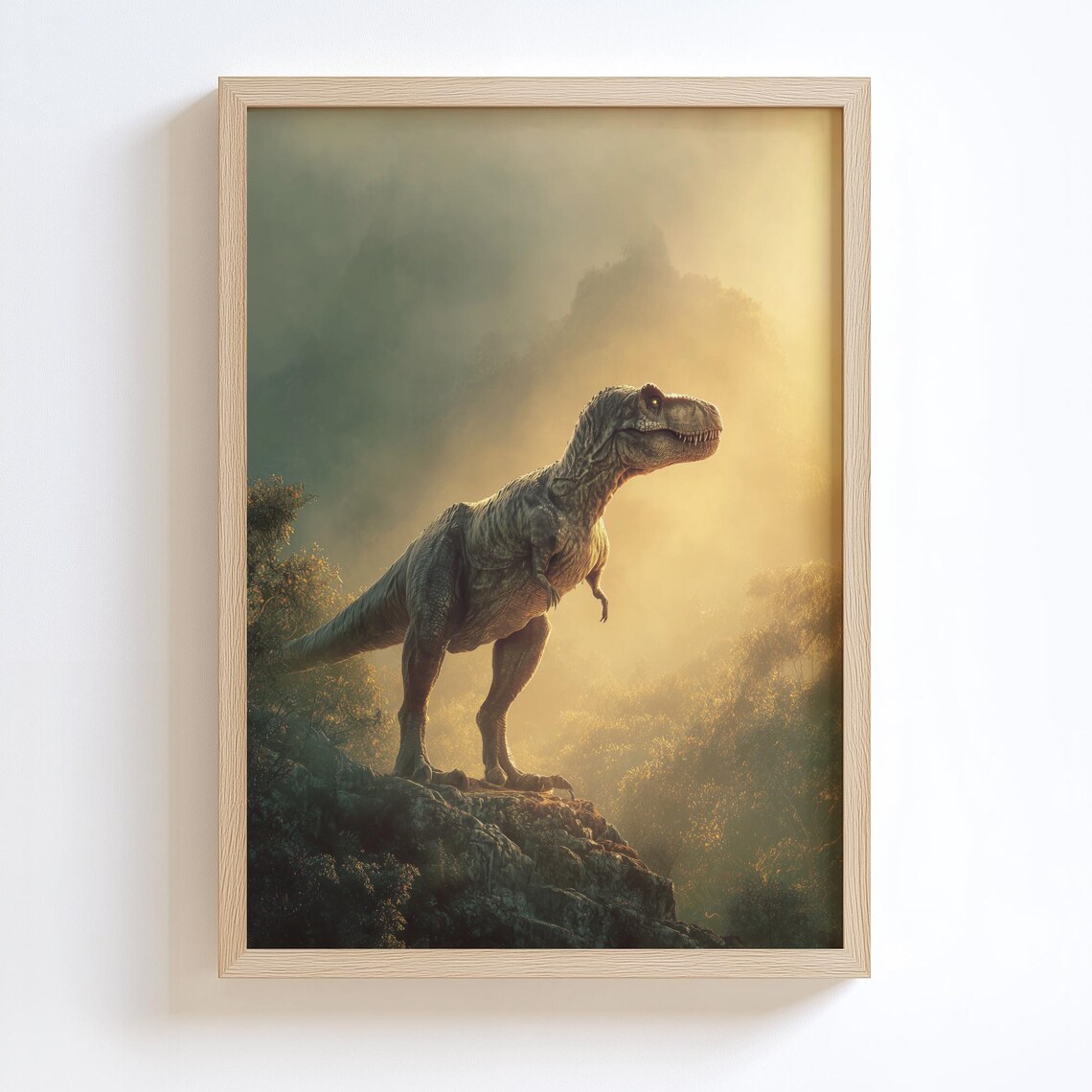 Jurassic Dinosaur Print, Lifelike Trex Over Scenic Valley