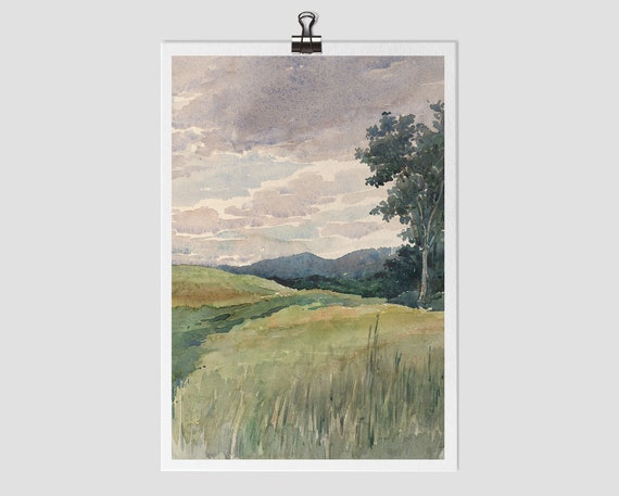 Purple Sky Watercolor Landscape Art Print, Vintage