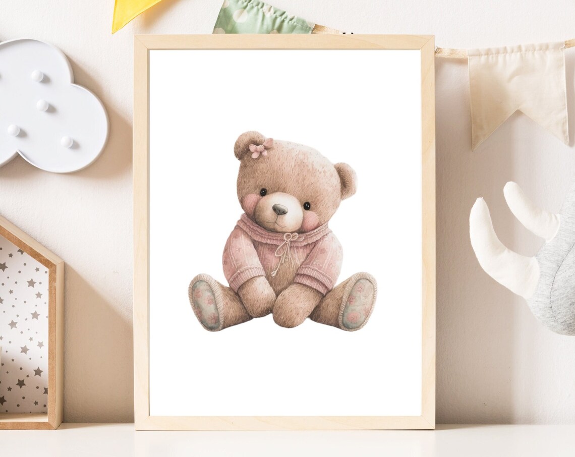 Baby Teddy Bear in a Pink Sweater Nursery Kids Room Decor Poster