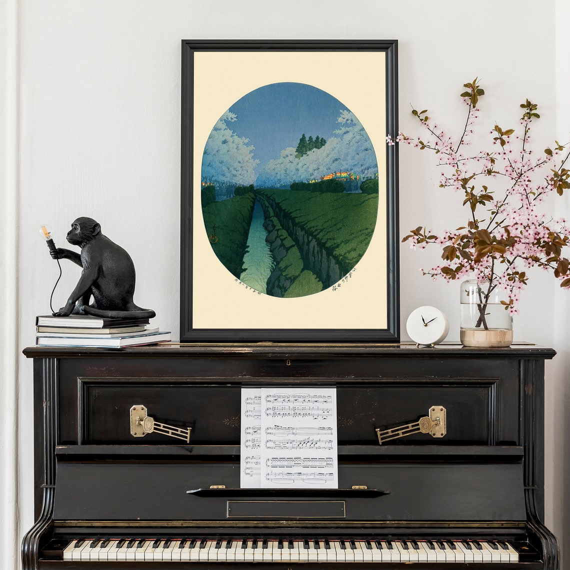 Japanese Cherry Blossoms Night Stream Oval Woodblock Art Poster - Image 3
