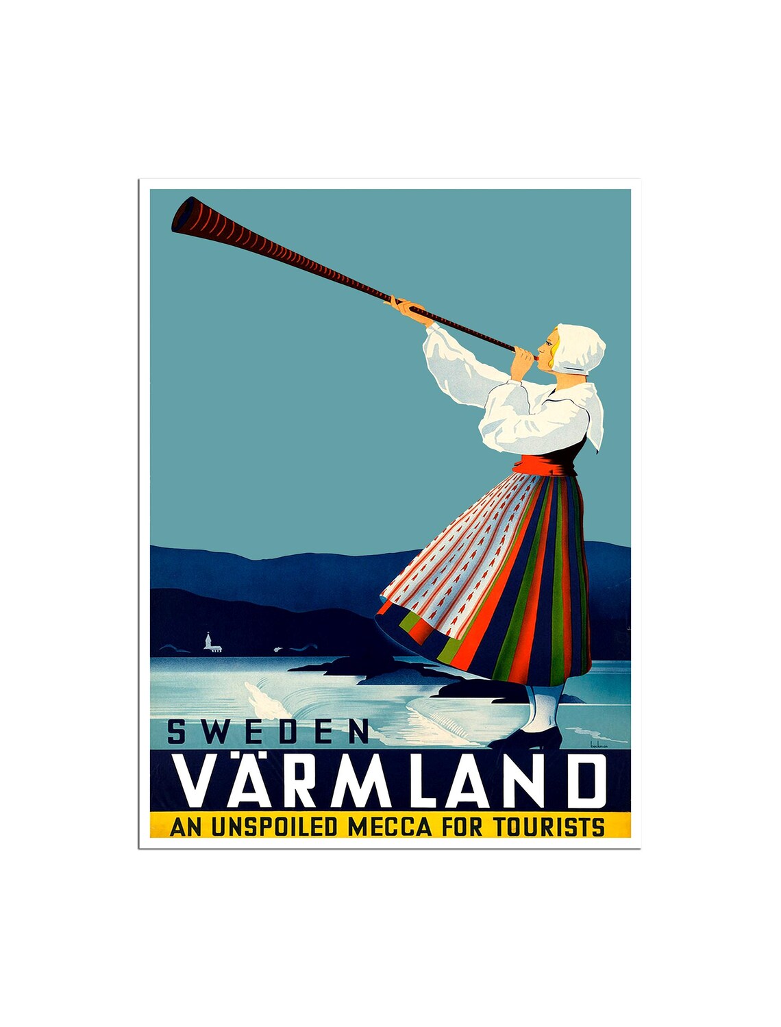 Sweden Varmland Vintage Travel Poster Folk Horn Lake Landscape Art