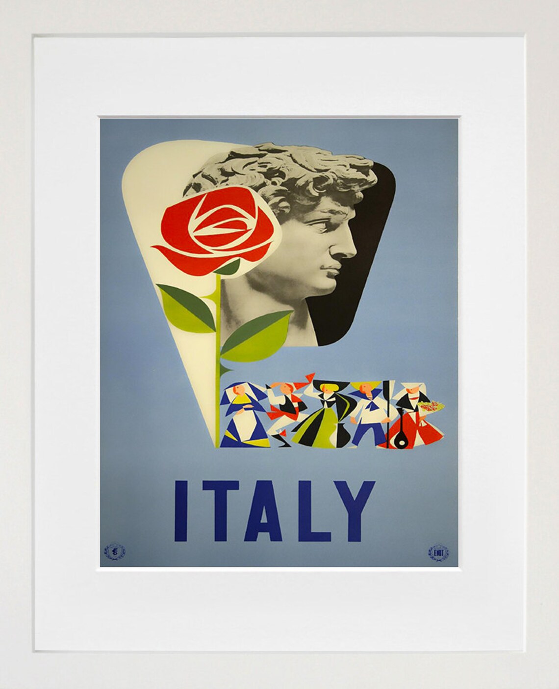 Italy Michelangelo David Red Rose Folk Dancers Vintage Travel Poster