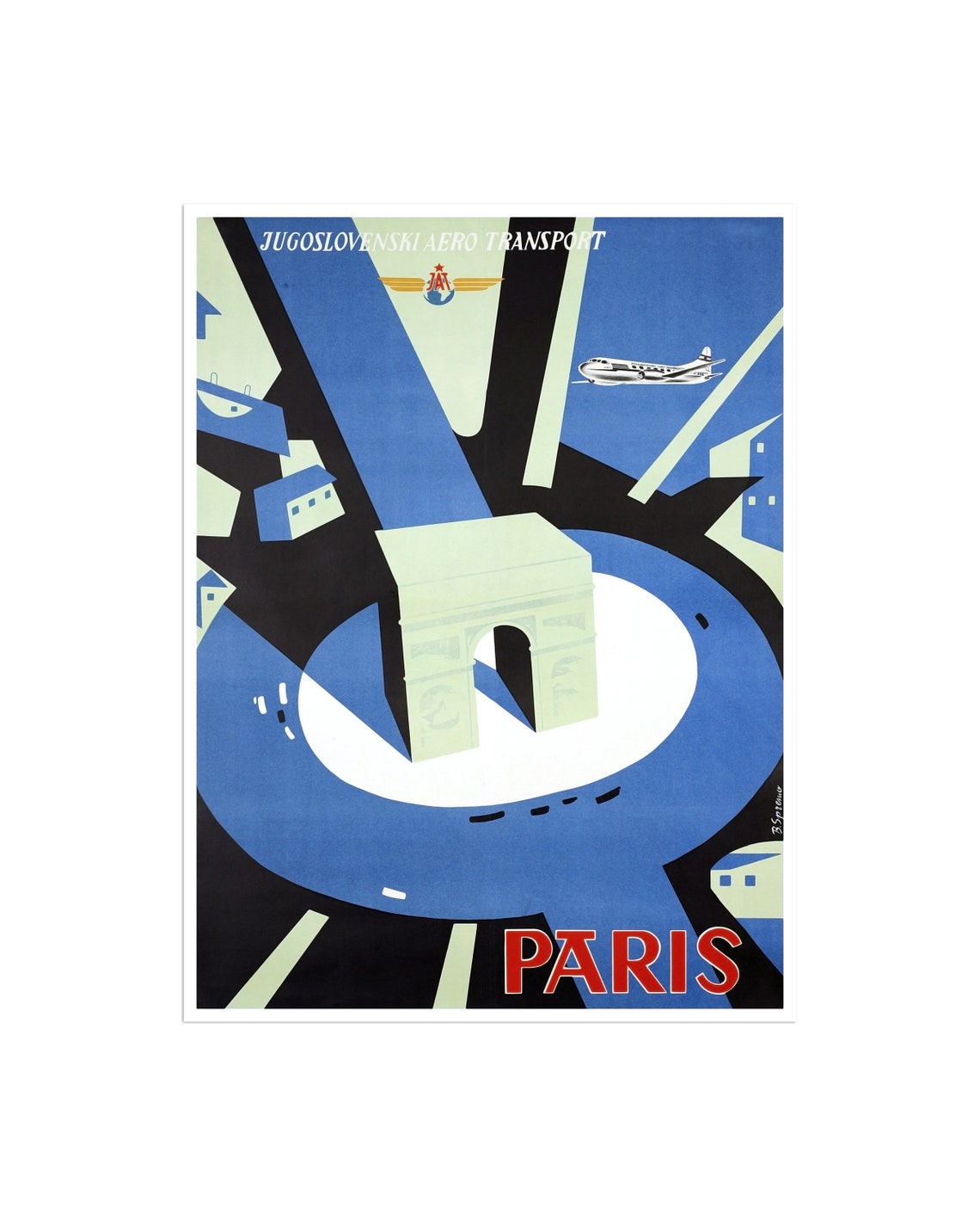 Paris Vintage JAT Airline Poster with Arc de Triomphe Design