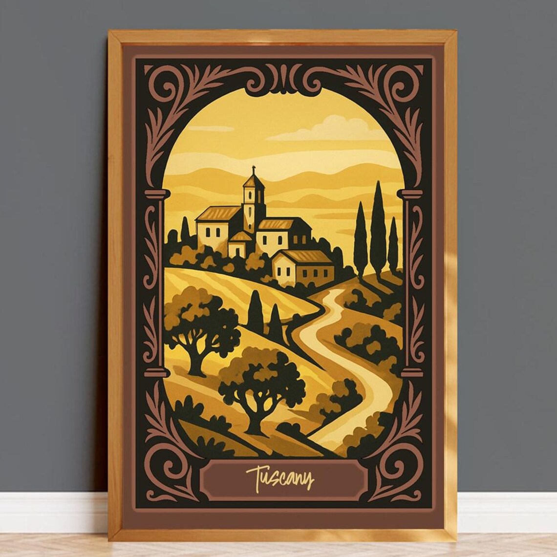 Golden Tuscany Italy Hillside Village Vintage Travel Art Poster