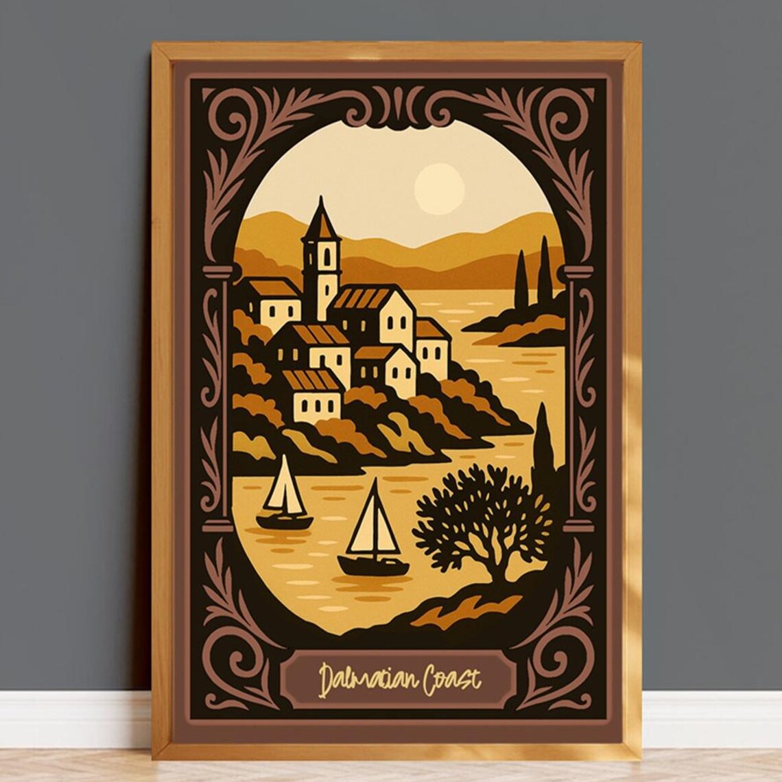 Dalmatian Coast Croatia Illustrated Seaside Village Travel Poster