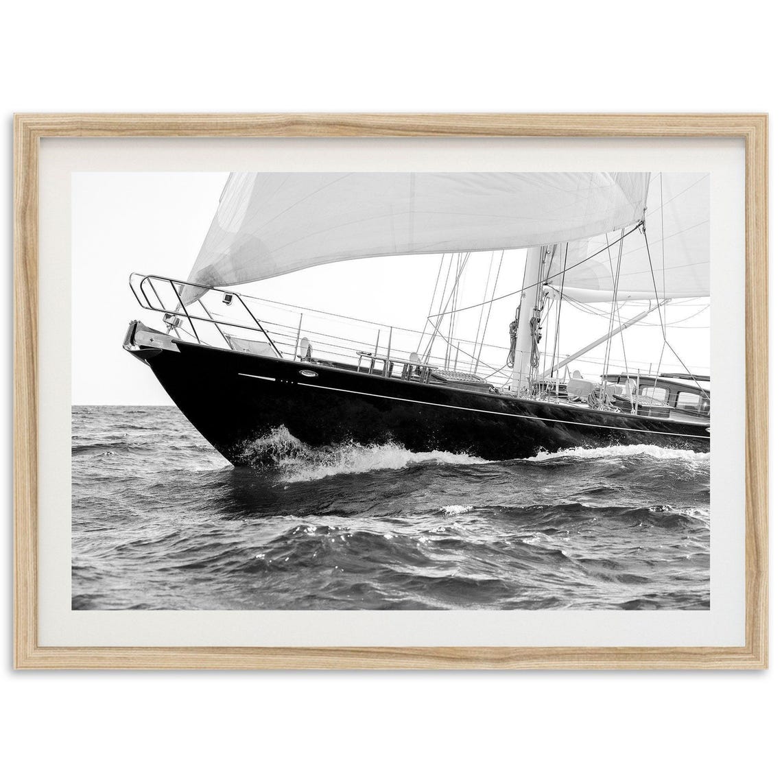 Black And White Sailboat Gliding Over Ocean Waves Coastal Poster