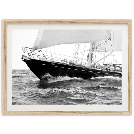 Black And White Sailboat Gliding Over Ocean Waves Coastal Poster