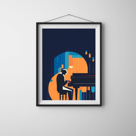 Midnight Jazz Pianist Geometric Abstract Navy Orange Music Poster