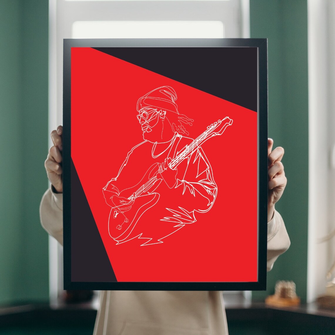 Guitarist Line Art Minimalist White on Red Musician Sketch Poster
