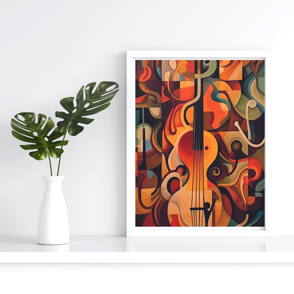 Cubist Violin Abstract Painting in Warm Autumn Tones Art Print