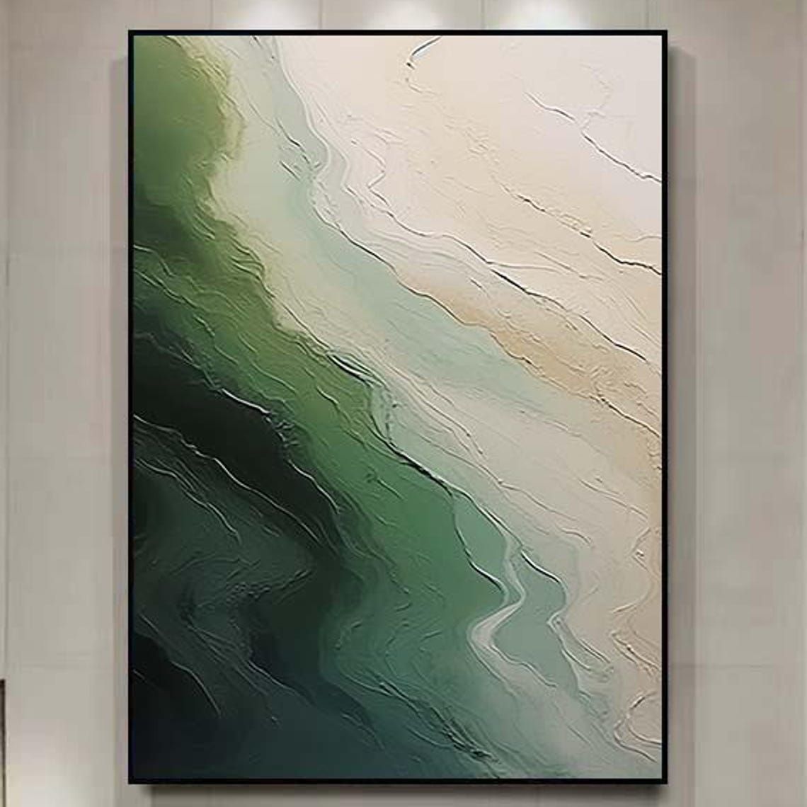 Emerald Green Beige Textured Abstract Flowing Waves Wall Poster