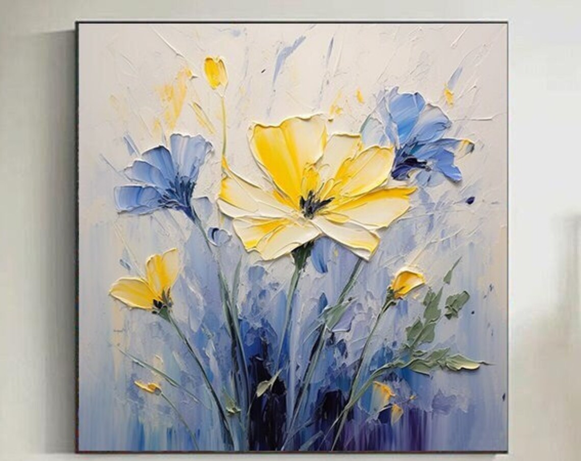 Yellow Spring Flowers and Blue Blooms Palette Knife Oil Poster