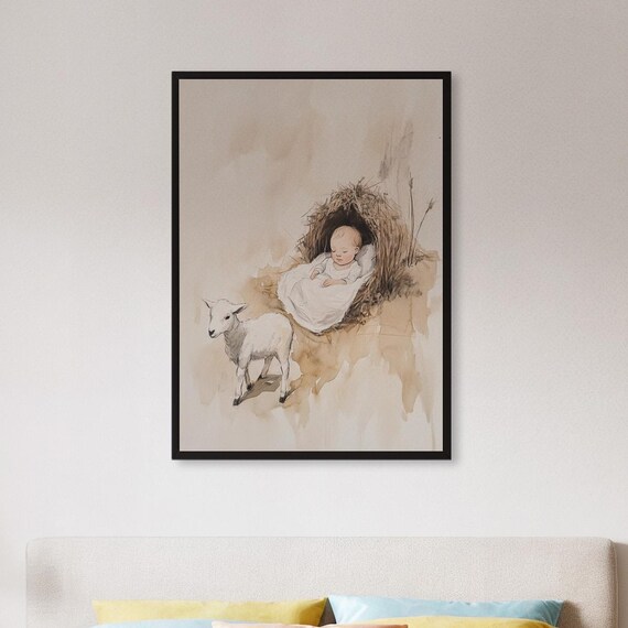 Framed Baby In Manger Wall Art Print Pastoral Lamb Illustration Poster Soft Religious Nursery Decor Gentle Gift For Room Christening
