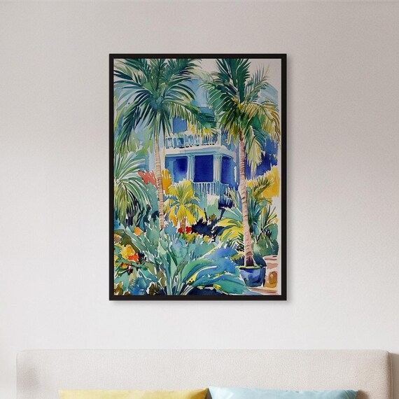 Framed Tropical Garden House Art Print Blue Balcony With Palm Trees Poster Colorful Botanical Wall Decor Gift For Nature Or Island Lovers