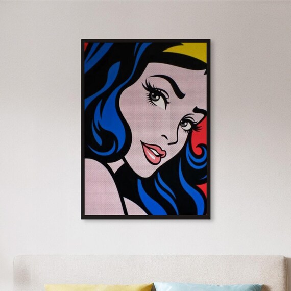 Framed Comic Woman Art Print Blue Hair Pop Poster With Yellow Headband Bold Retro Wall Decor Gift For Teens Artists Or Cool Interiors