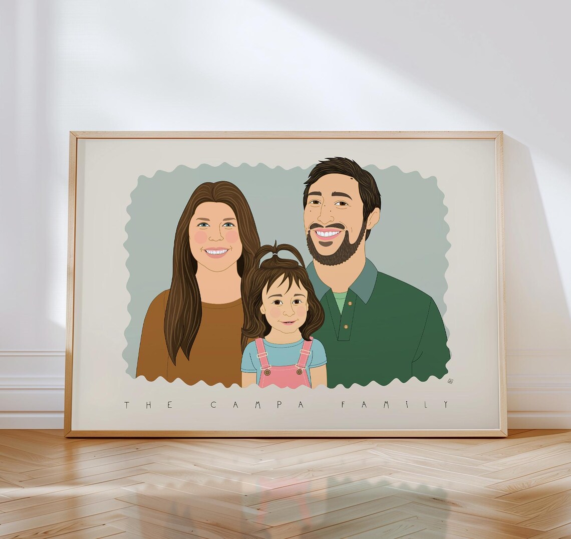 Family of Four With Two Dogs Scalloped Edge Custom Portrait Poster - Image 2