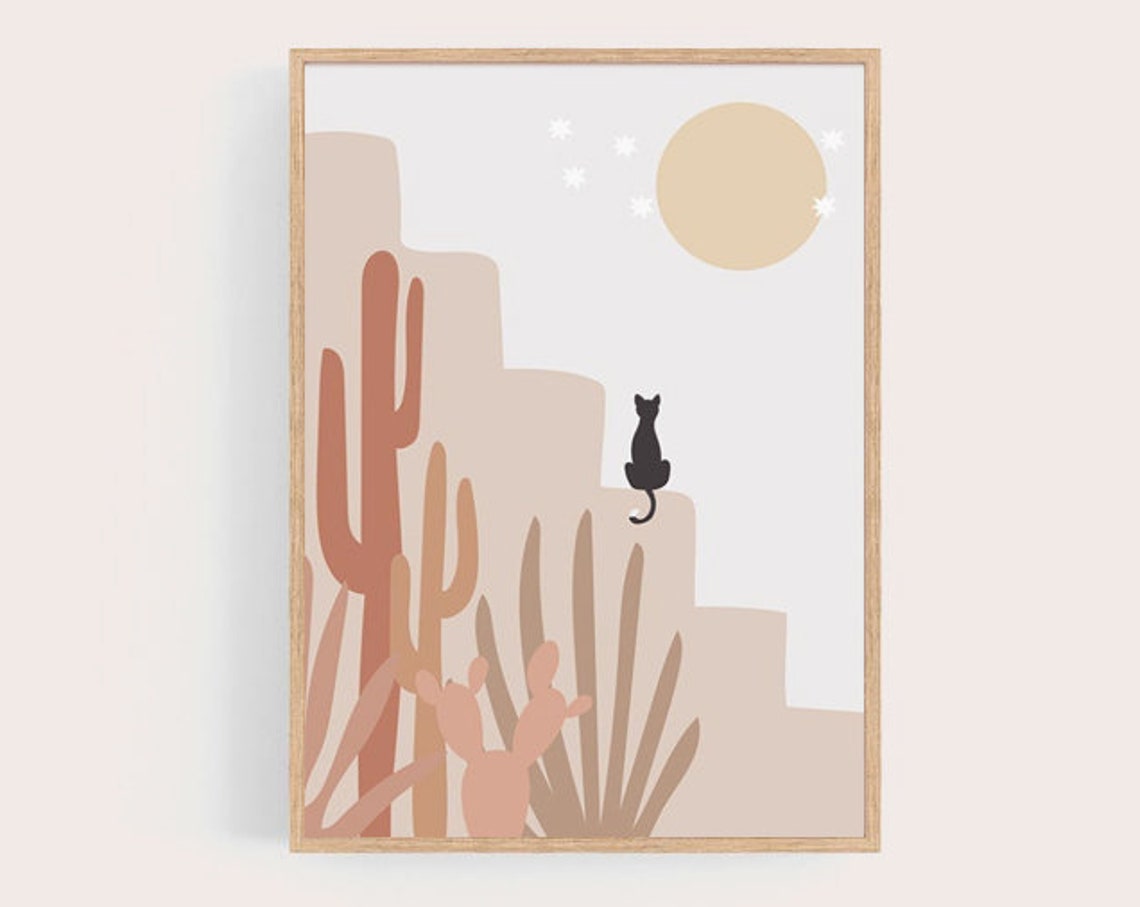 Beige Cactus and Cat Abstract Art Print