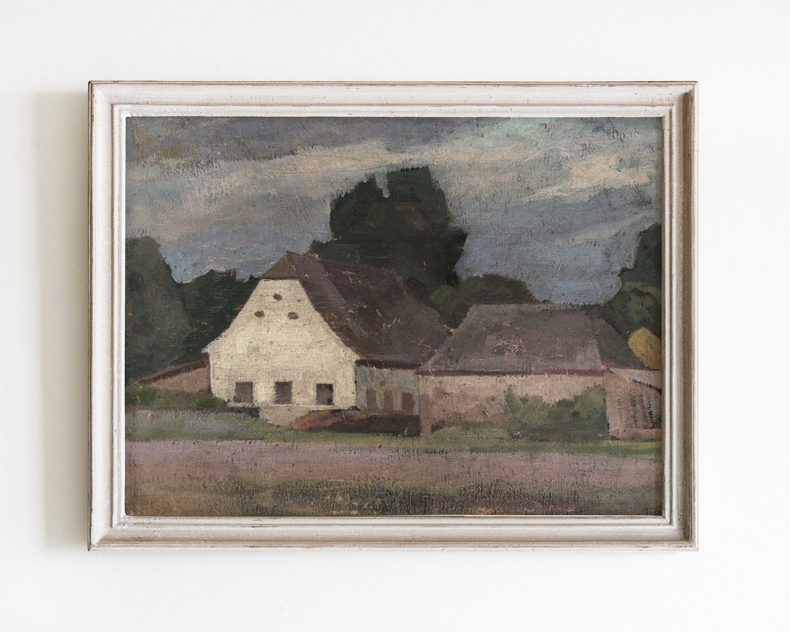 Vintage Country Oil Painting Homestead Art Print Landscape Painting Antique Landscape Art French Country Wall Decor Farmhouse Print