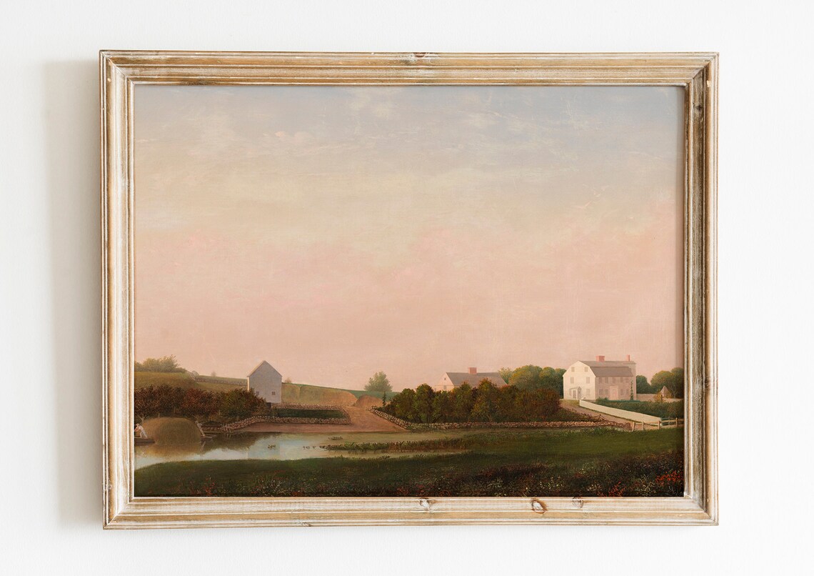 Antique Pastoral Farmhouses Under Pink Sky Countryside Art Poster
