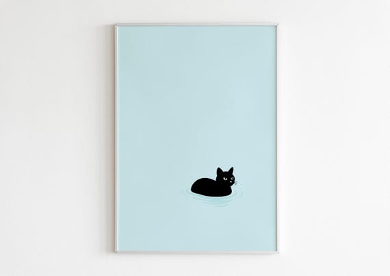 Black Cat Swimming Minimalist Cute Blue Water Funny Art Poster