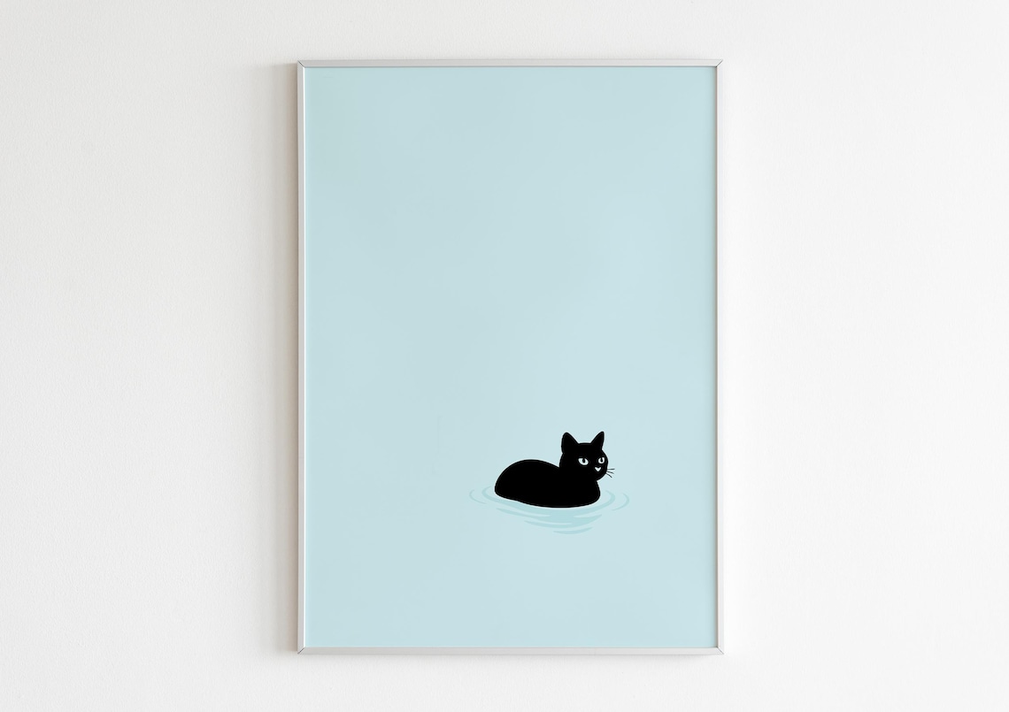Black Cat Swimming Minimalist Cute Blue Water Funny Art Poster