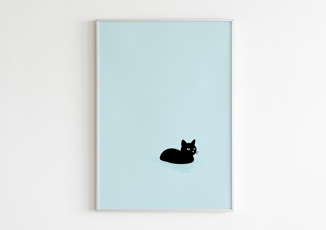 Minimalist Black Cat Swimming Art Print Boho Home Decor