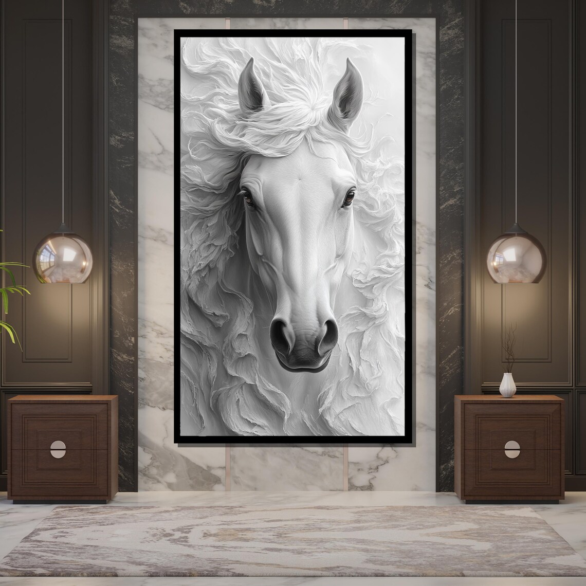 White Horse Elegant Monochrome Flowing Mane Equine Portrait Wall Art - Image 5