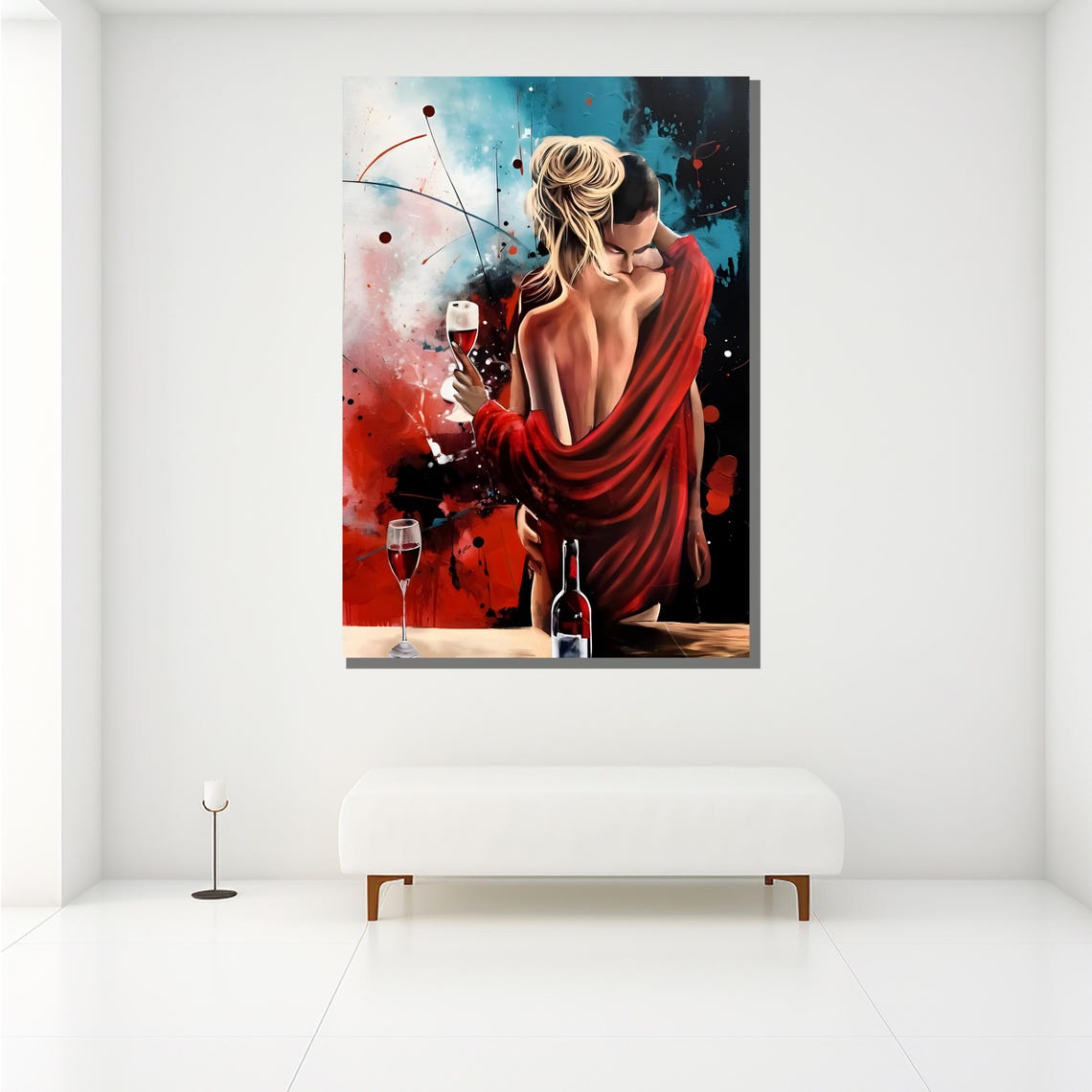 Passionate Couple Red Shawl Wine Abstract Blue Splash Painting Poster - Image 2