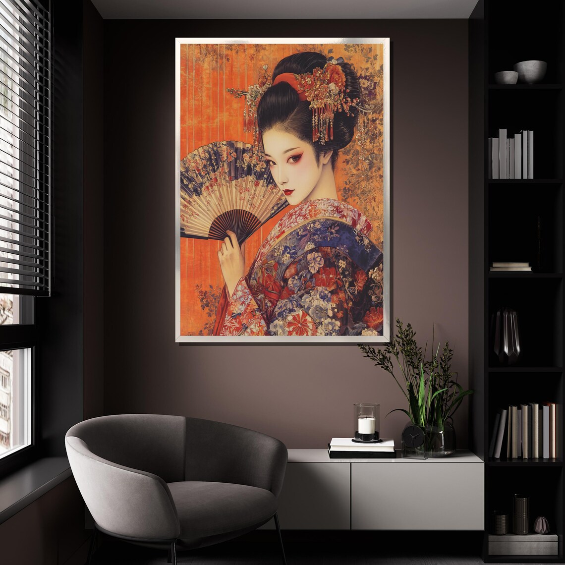 Japanese Geisha Portrait With Floral Fan Orange Background Art Poster - Image 4