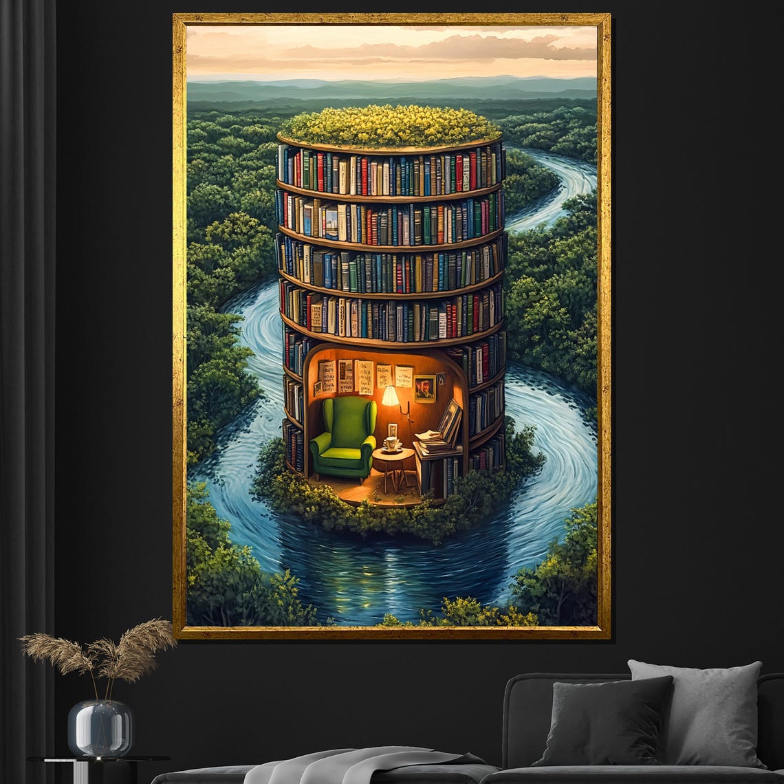 Round Library Tower On A River Island Cozy Reading Nook Poster