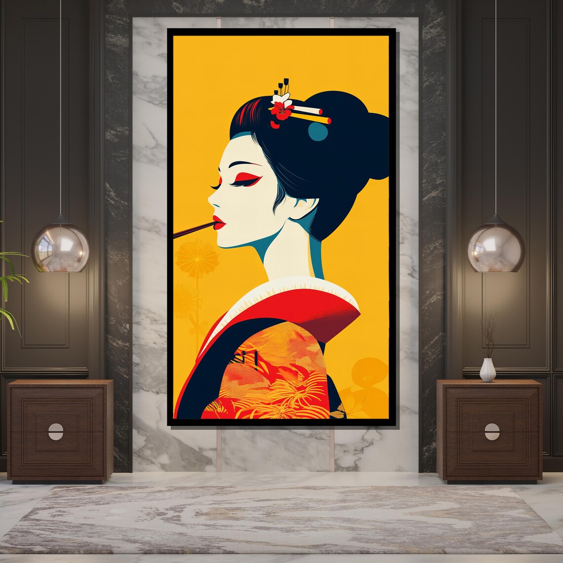 Modern Geisha Portrait On Mustard Yellow Bold Graphic Art Poster - Image 5
