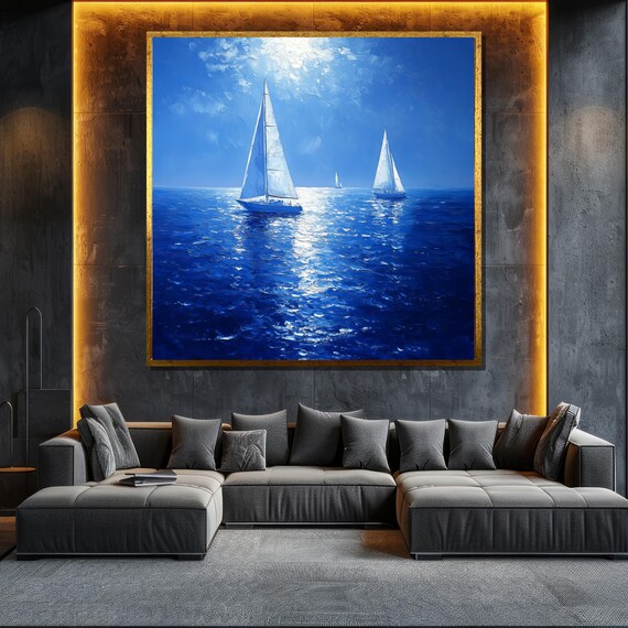 Sailing Boats On Blue Ocean Painting Nautical Wall Art For Home Decor And Ocean Lovers Gift