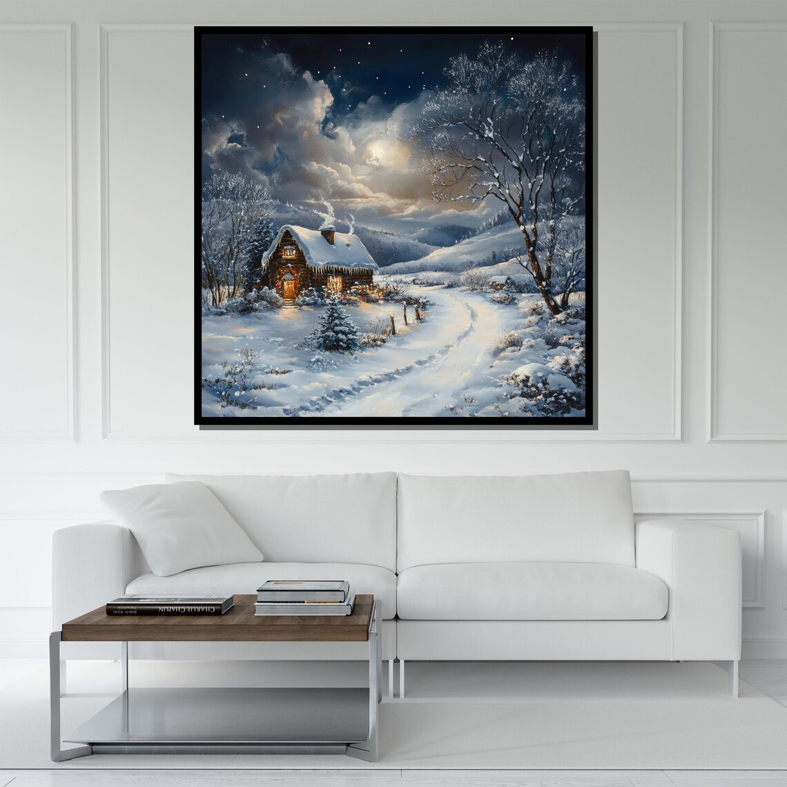 Winter Night Cabin In Snow Moonlit Landscape Cozy Holiday Art Poster - Image 5