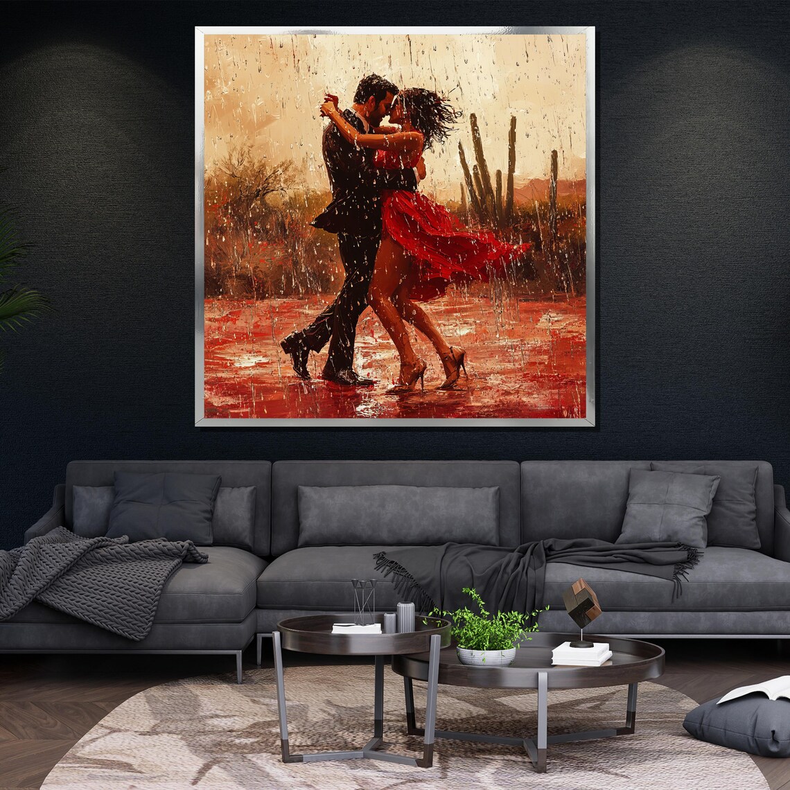 Romantic Couple Dancing In Rain Woman In Red Dress Textured Painting Poster - Image 4