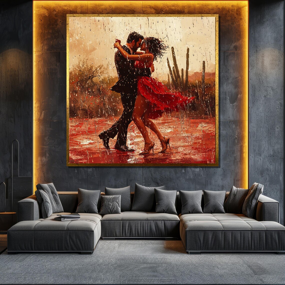 Romantic Couple Dancing In Rain Woman In Red Dress Textured Painting Poster