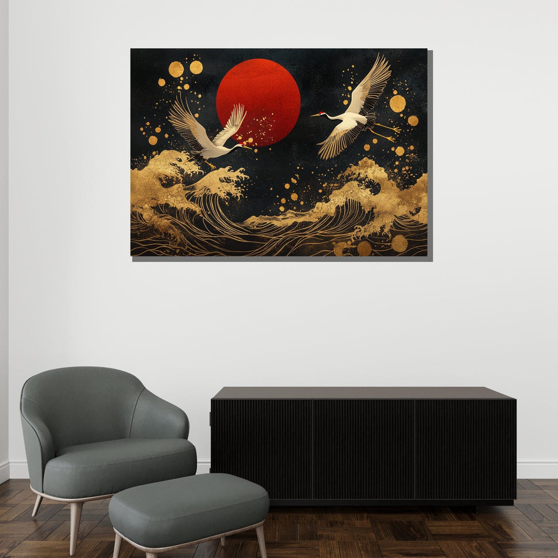 Japanese Cranes Red Sun Gold Ocean Wave Elegant Japanese Art Poster - Image 2