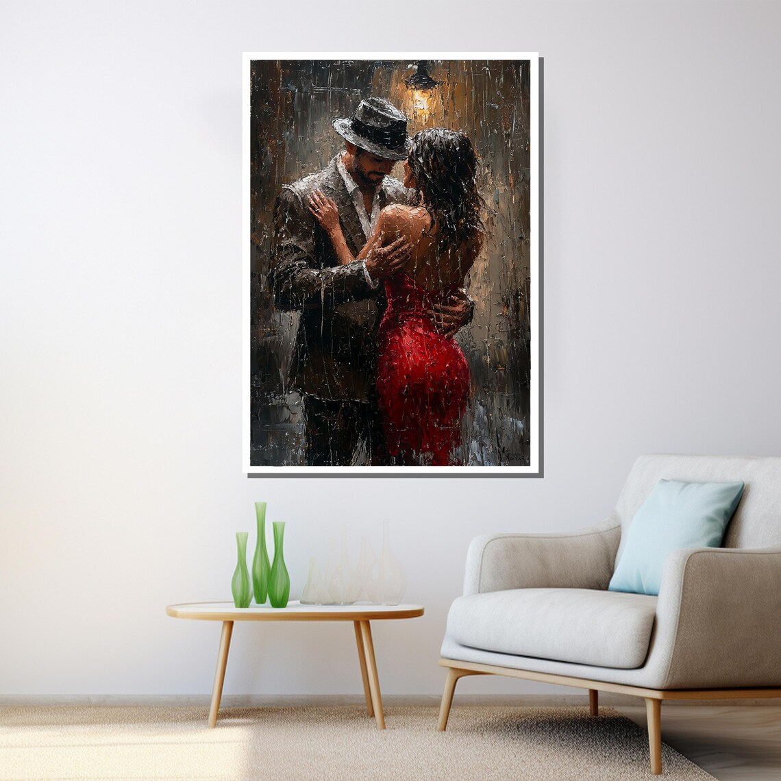 Romantic Couple Dancing In Rain Streetlamp Red Dress Painting Wall Poster - Image 3