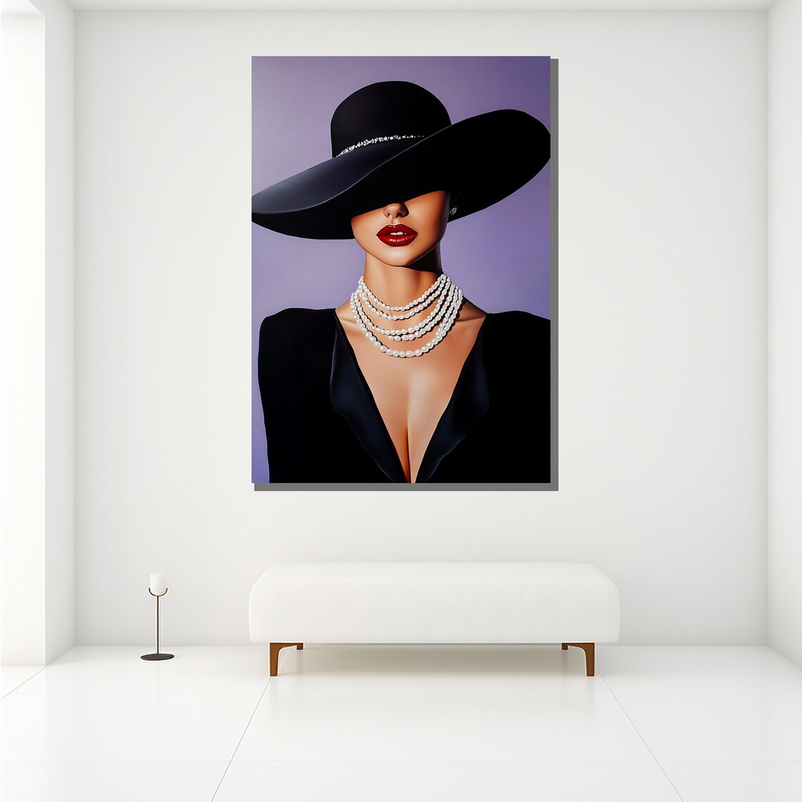 Black Hat Pearl Necklace Woman Red Lips Modern Fashion Art Wall Poster - Image 2