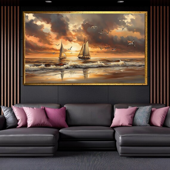 Sailing Boats At Sunset Painting Coastal Wall Art For Nautical Home Decor And Ocean Lovers Gift