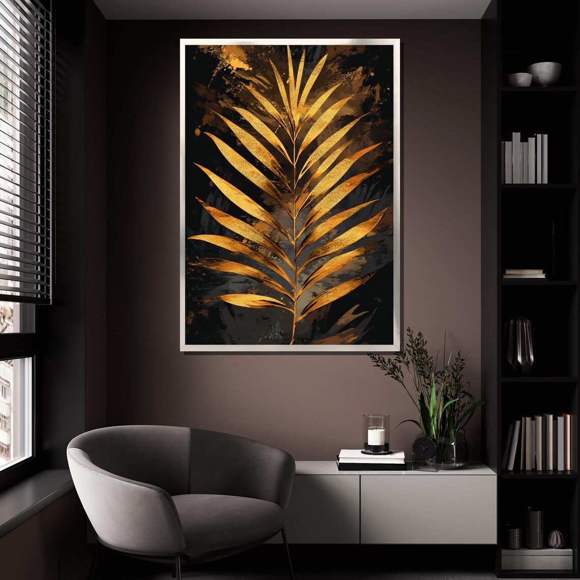 Golden Palm Frond On Dark Textured Background Abstract Art Poster - Image 4
