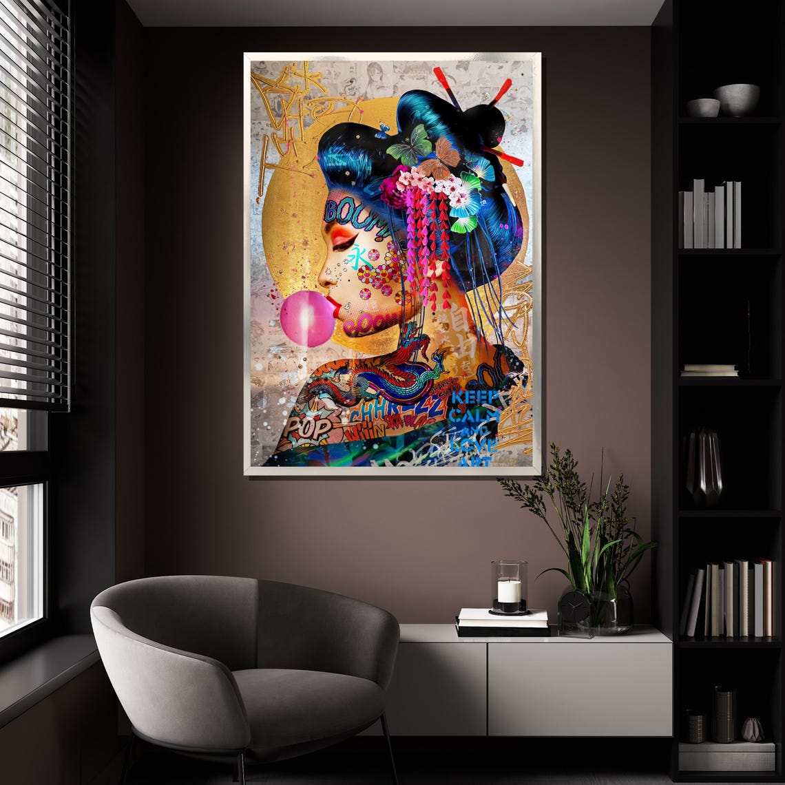 Pop Art Geisha Blowing Pink Bubblegum Bubble Graffiti Wall Poster - Image 4